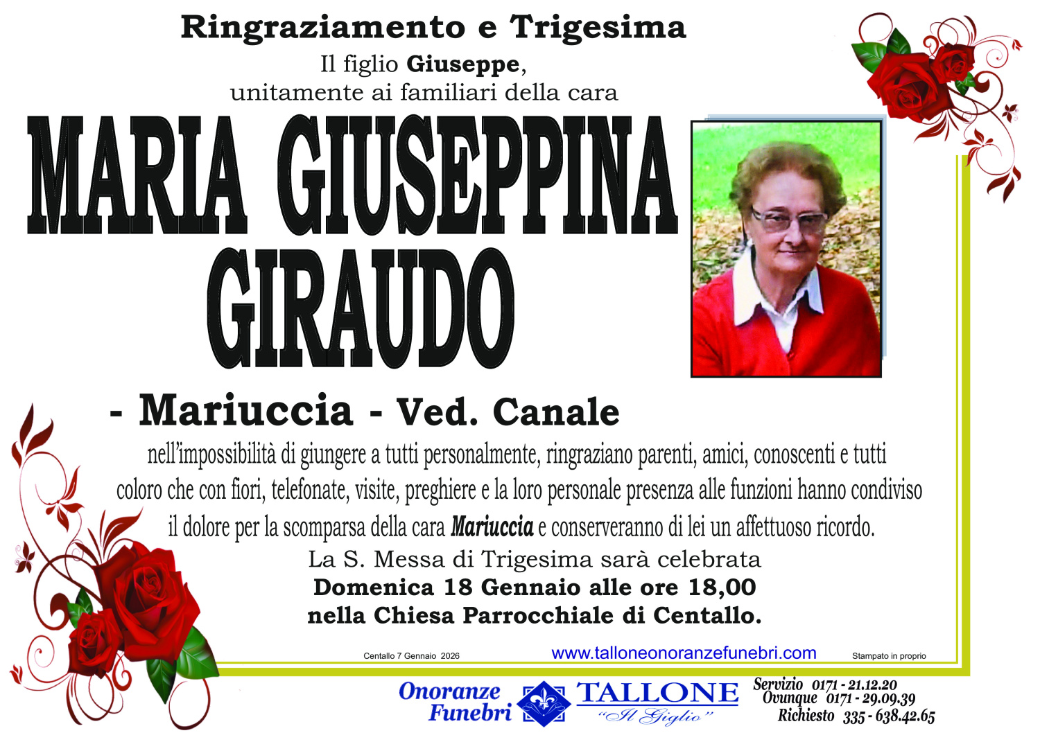 <br />
<b>Warning</b>:  Undefined variable $info in <b>/home/tallone/public_html/ringraziamenti.php</b> on line <b>68</b><br />
Maria Giuseppina Giraudo